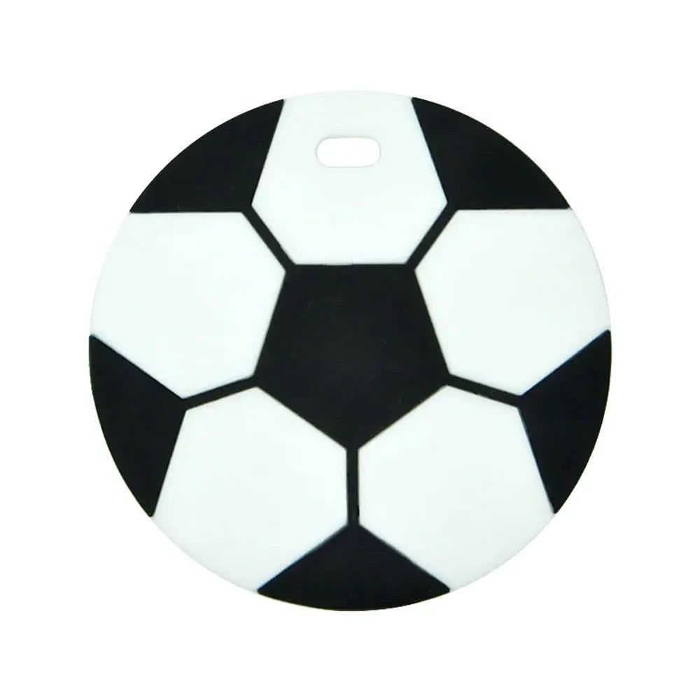 Eight soccer ball silicone flatback focal beads in assorted colors including black and white, yellow, red, blue, grey, mint, light blue, and sky blue, each with a small hole for crafting. - White