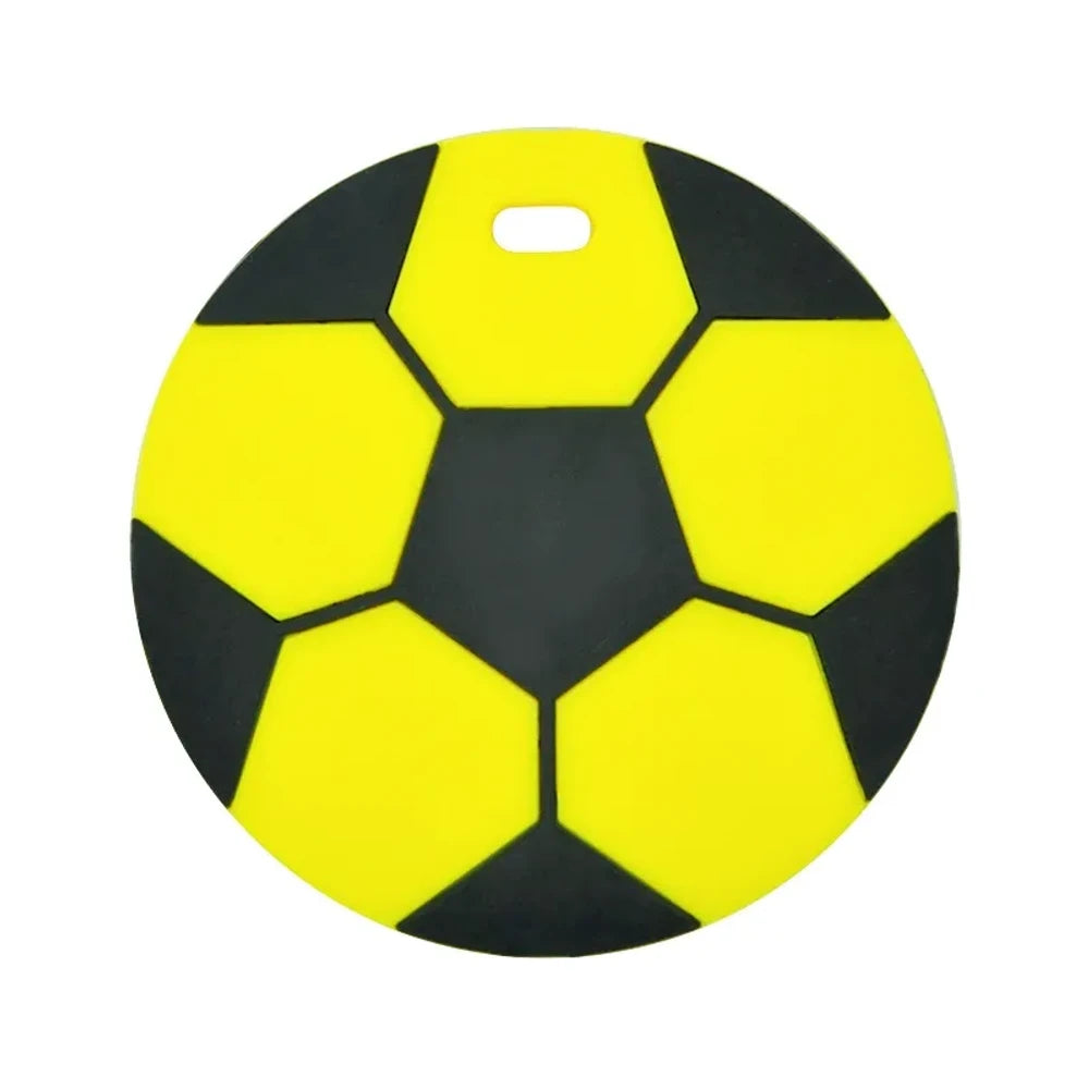 Eight soccer ball silicone flatback focal beads in assorted colors including black and white, yellow, red, blue, grey, mint, light blue, and sky blue, each with a small hole for crafting. - Yellow