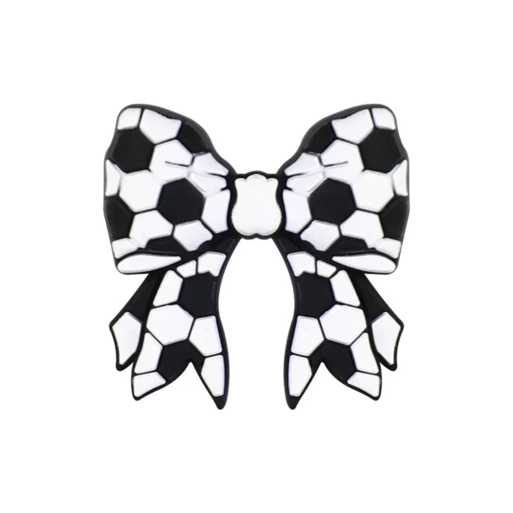 Set of 12 soccer-themed 3D silicone focal beads including MVP trophy, player jersey, football bow, gnome, heart football, and blue shirt designs for DIY crafts. - Bowtie