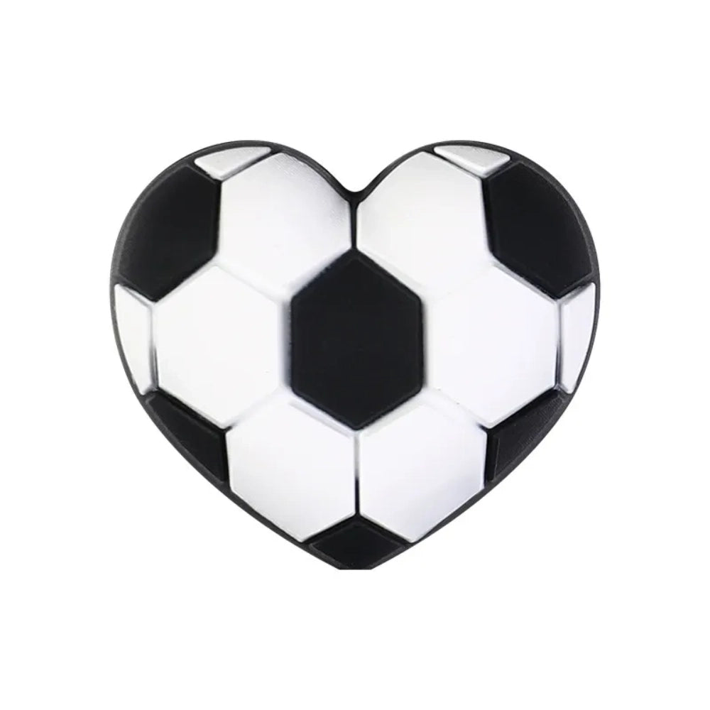 Set of 12 soccer-themed 3D silicone focal beads including MVP trophy, player jersey, football bow, gnome, heart football, and blue shirt designs for DIY crafts. - Heart Soccer