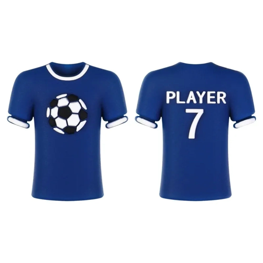 Set of 12 soccer-themed 3D silicone focal beads including MVP trophy, player jersey, football bow, gnome, heart football, and blue shirt designs for DIY crafts. - Jersey