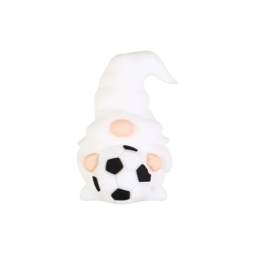 Set of 12 soccer-themed 3D silicone focal beads including MVP trophy, player jersey, football bow, gnome, heart football, and blue shirt designs for DIY crafts. - Soccer Gnome