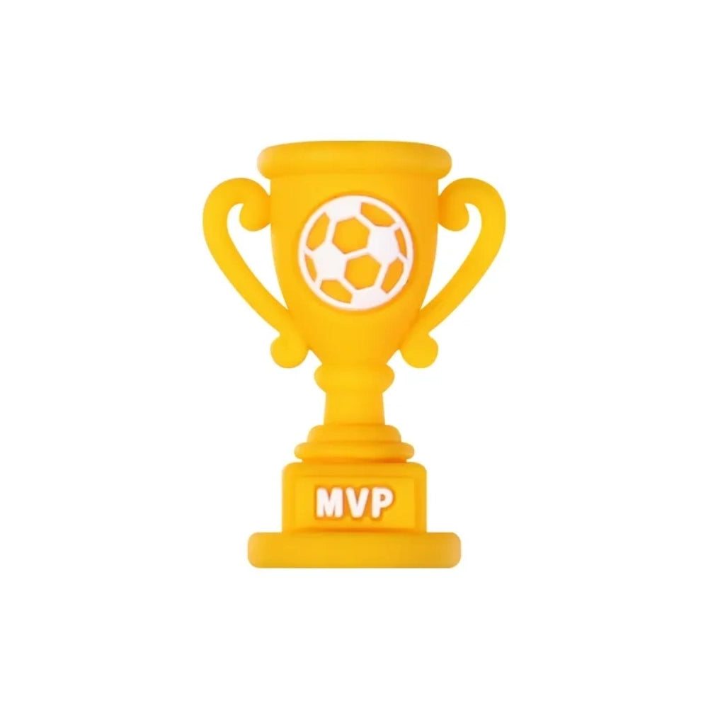 Set of 12 soccer-themed 3D silicone focal beads including MVP trophy, player jersey, football bow, gnome, heart football, and blue shirt designs for DIY crafts. - Trophy