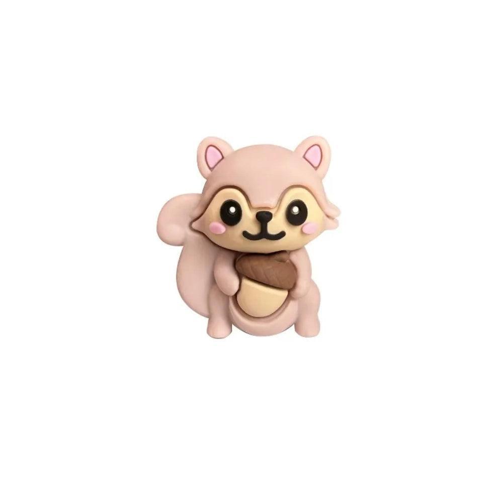 Five cute 3D squirrel silicone focal beads holding acorns in gray, pink, brown, dark gray, and red-brown colors displayed on decorative beadable pens against a pink background. - Light Gray Purple
