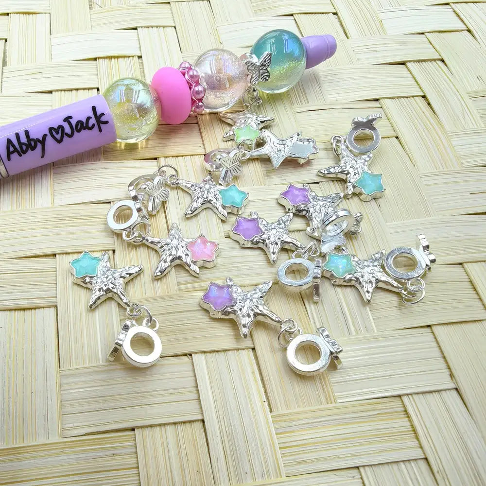 Two Star Rhinestone Dangle Charm Pendant Butterfly Silver Metal Bail Beads - Random Mix