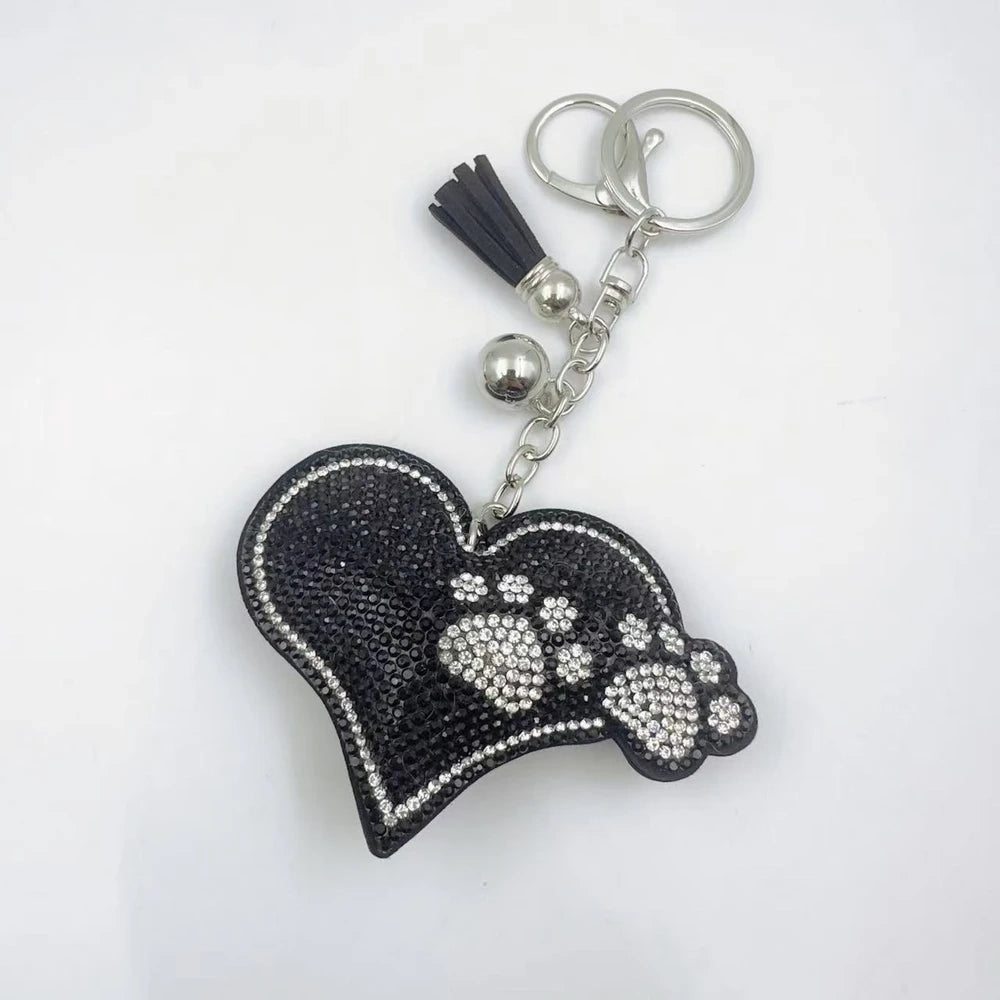 Black and white rhinestone glove-shaped paw print fancy bead charms with tassels and key rings - Black