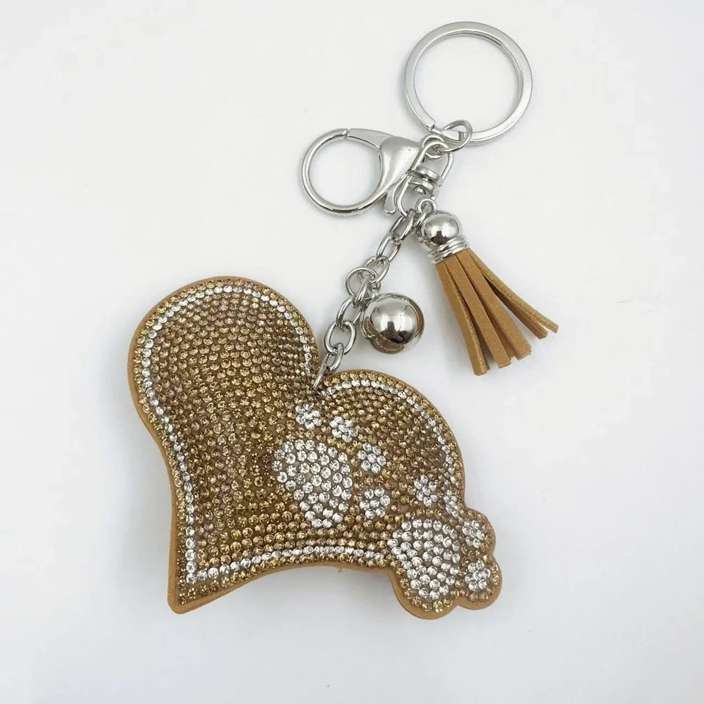 Black and white rhinestone glove-shaped paw print fancy bead charms with tassels and key rings - Khaki