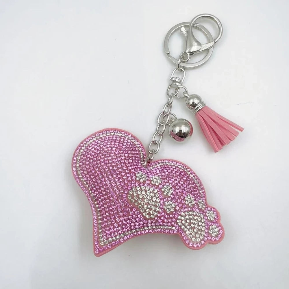 Black and white rhinestone glove-shaped paw print fancy bead charms with tassels and key rings - Pink