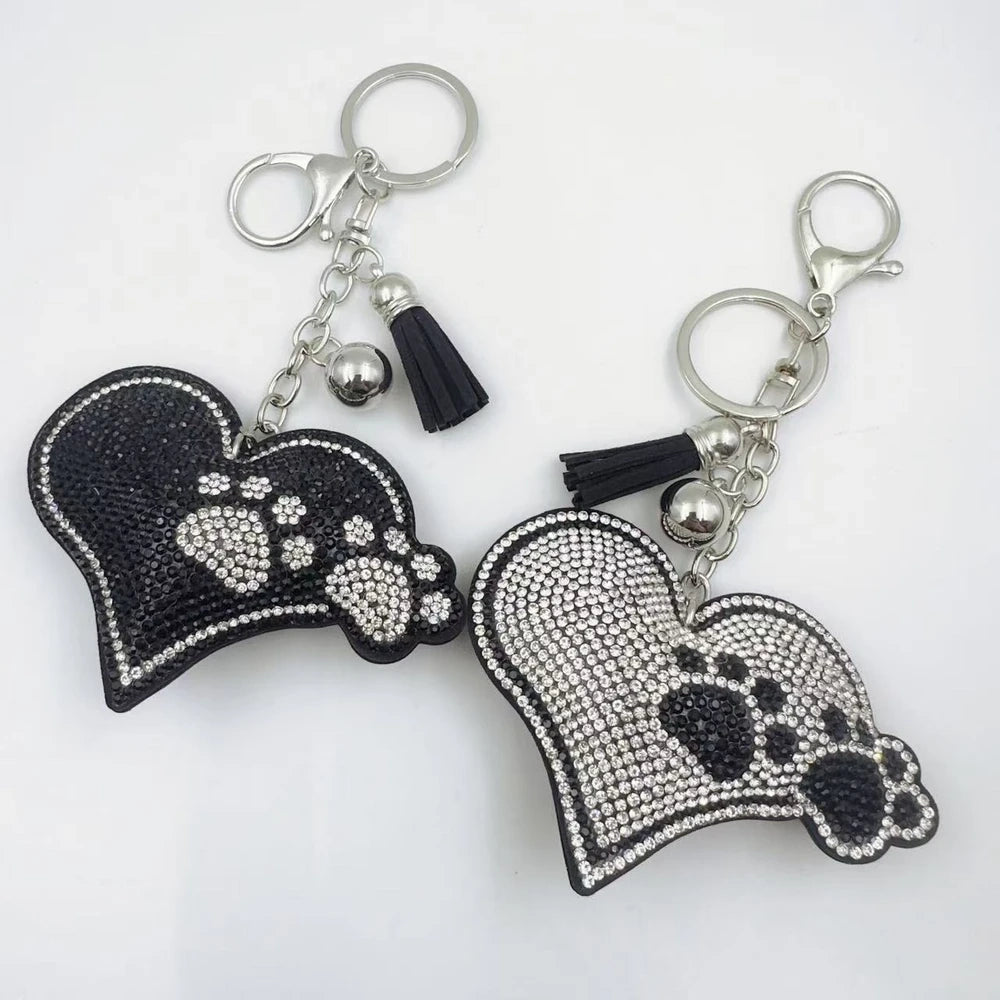 Black and white rhinestone glove-shaped paw print fancy bead charms with tassels and key rings - Random Mixed