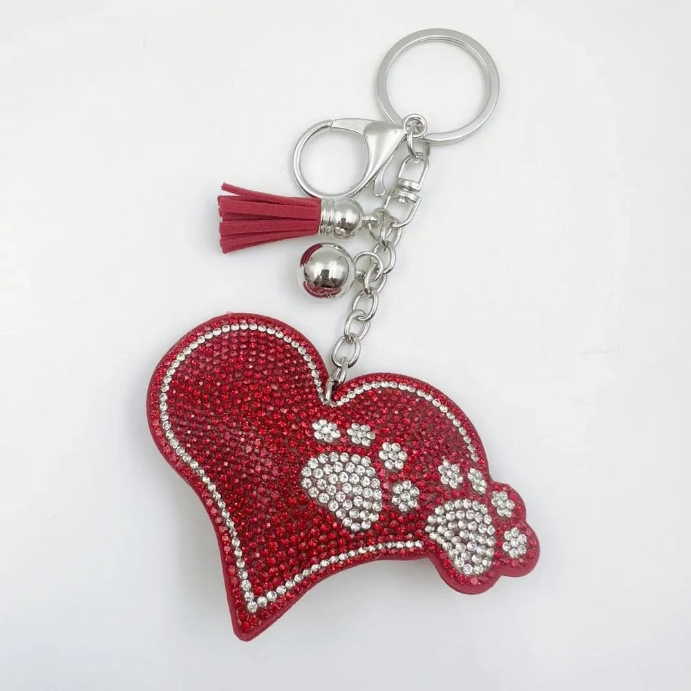 Black and white rhinestone glove-shaped paw print fancy bead charms with tassels and key rings - Red