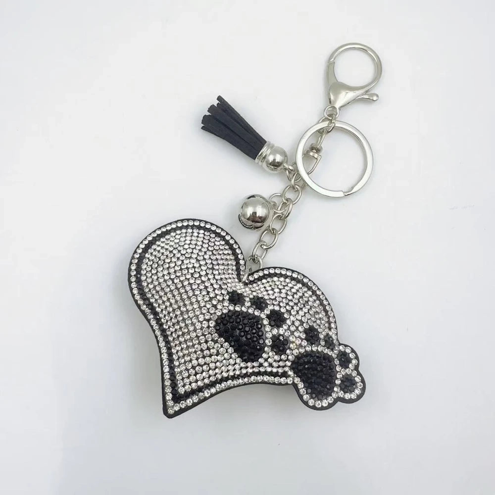 Black and white rhinestone glove-shaped paw print fancy bead charms with tassels and key rings - White