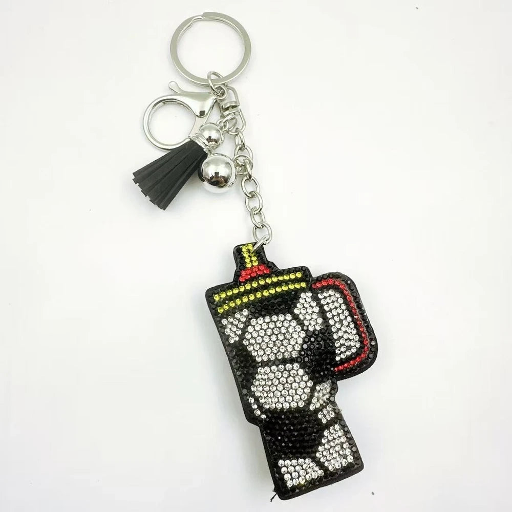 Three moka pot coffee maker rhinestone fancy beads in orange, white, and brown with tassels and silver keychain clasps. - 3