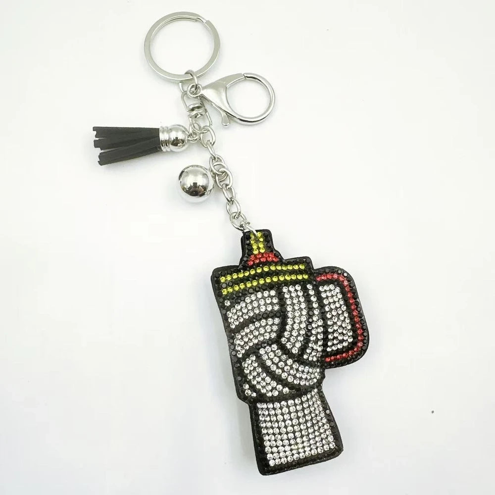 Three moka pot coffee maker rhinestone fancy beads in orange, white, and brown with tassels and silver keychain clasps. - 5