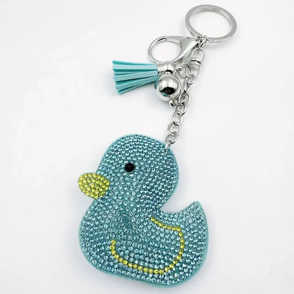 Bright yellow duck rhinestone fancy bead charms with silver keychain hardware, tassels, and bell accents - 3