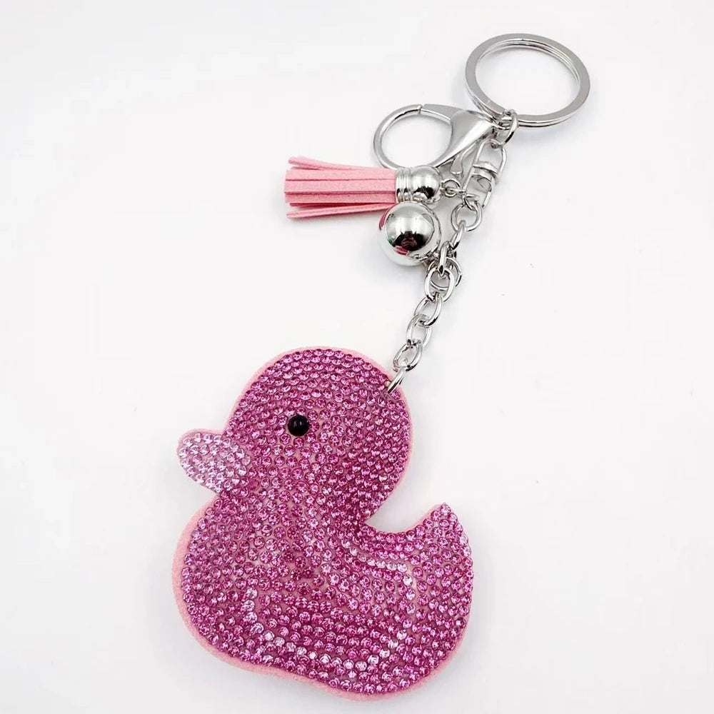 Bright yellow duck rhinestone fancy bead charms with silver keychain hardware, tassels, and bell accents - 4