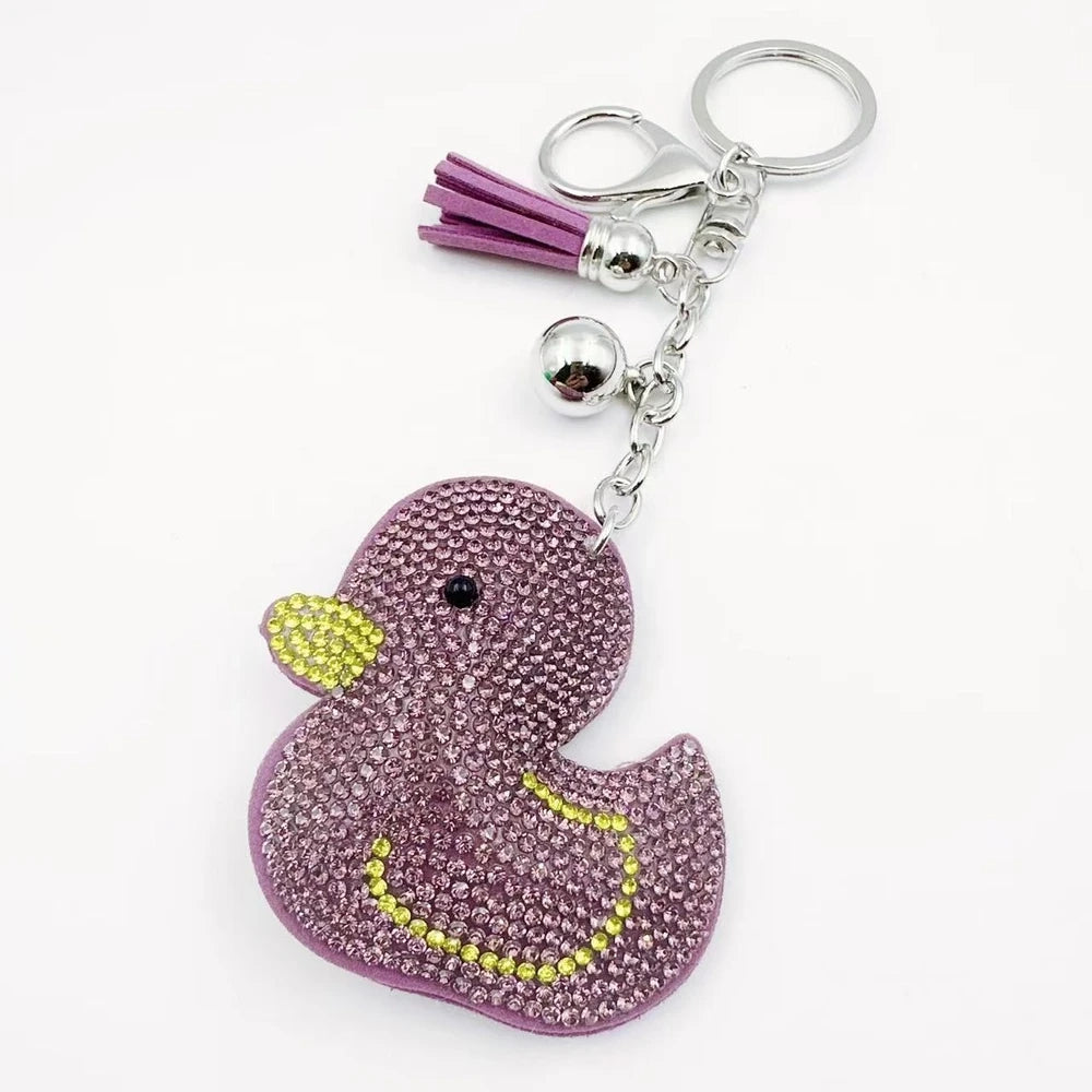 Bright yellow duck rhinestone fancy bead charms with silver keychain hardware, tassels, and bell accents - 5
