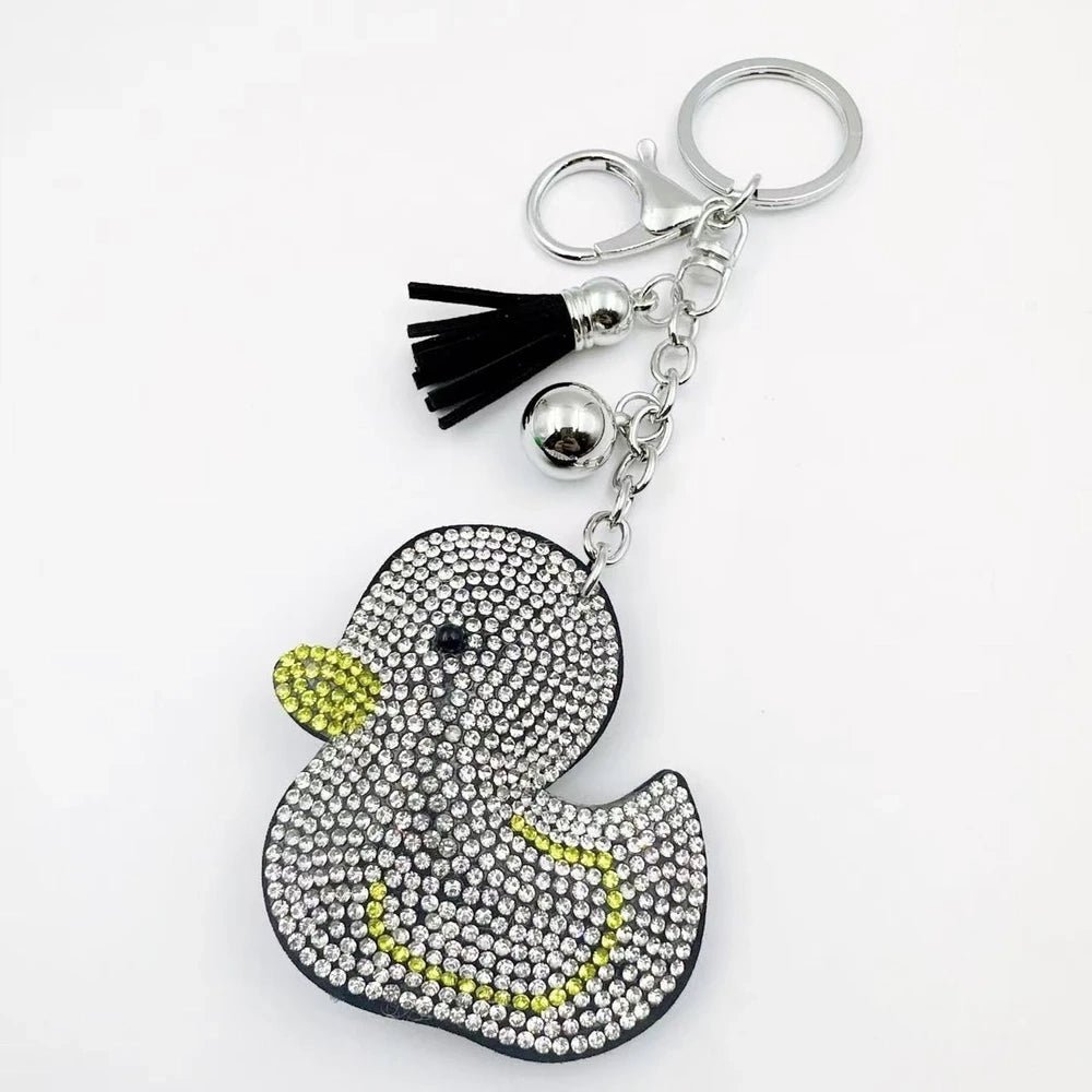 Bright yellow duck rhinestone fancy bead charms with silver keychain hardware, tassels, and bell accents - 6