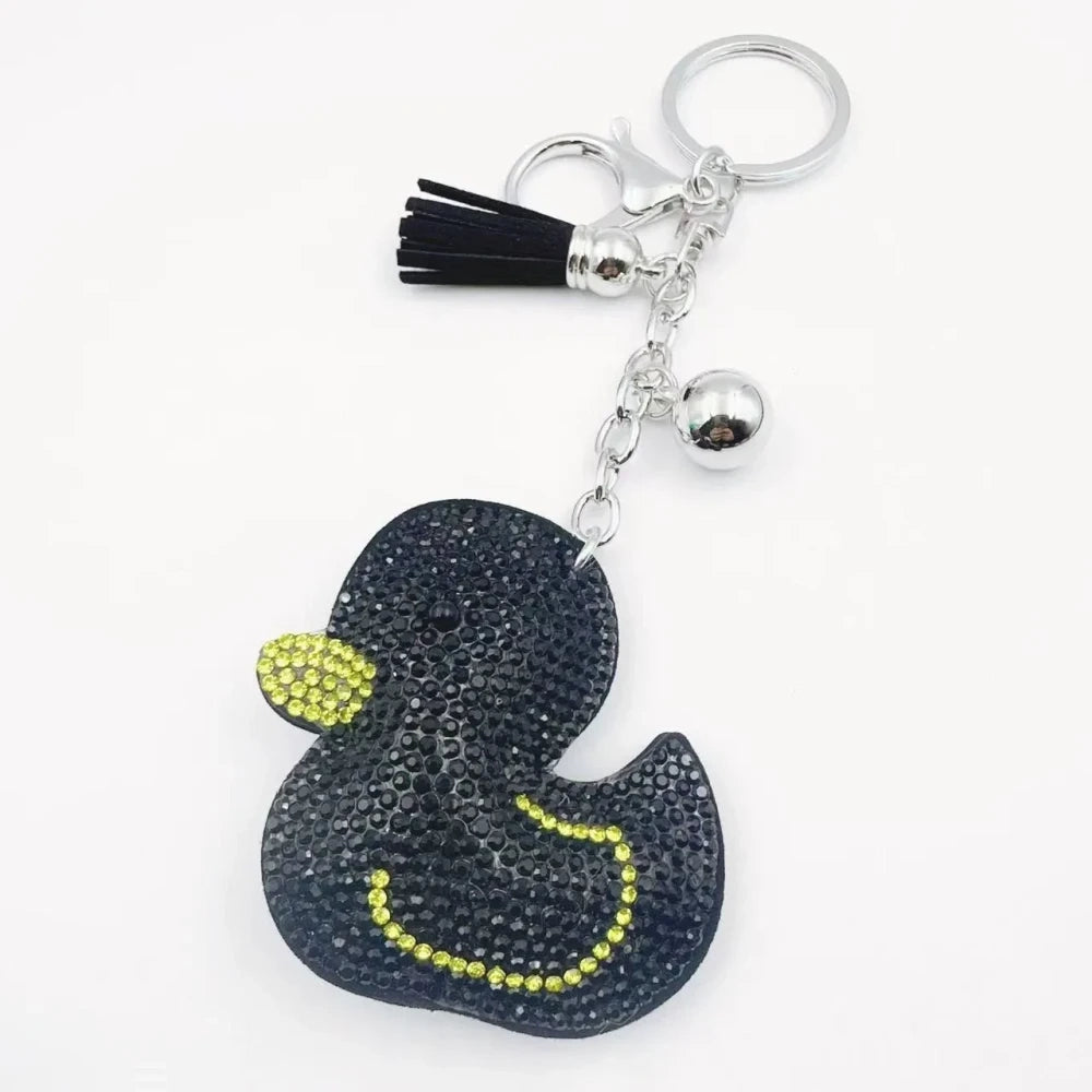 Bright yellow duck rhinestone fancy bead charms with silver keychain hardware, tassels, and bell accents - 8