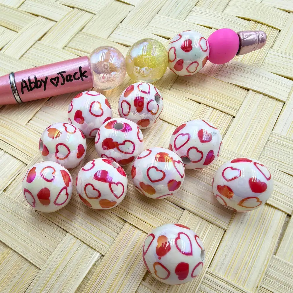 White and Red Heart Acrylic Beads