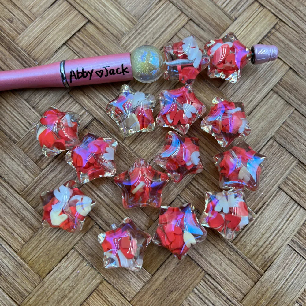 White and Red Heart Star Acrylic Bead | Beadable Pens Keychains Bracelet