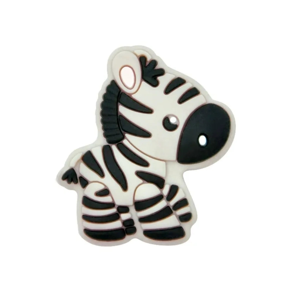Eight cartoon zebra silicone focal beads in assorted colors including white, cream, yellow, light gray, pink, mint, and blue-gray with black stripe detailing, displayed on white background. - 1