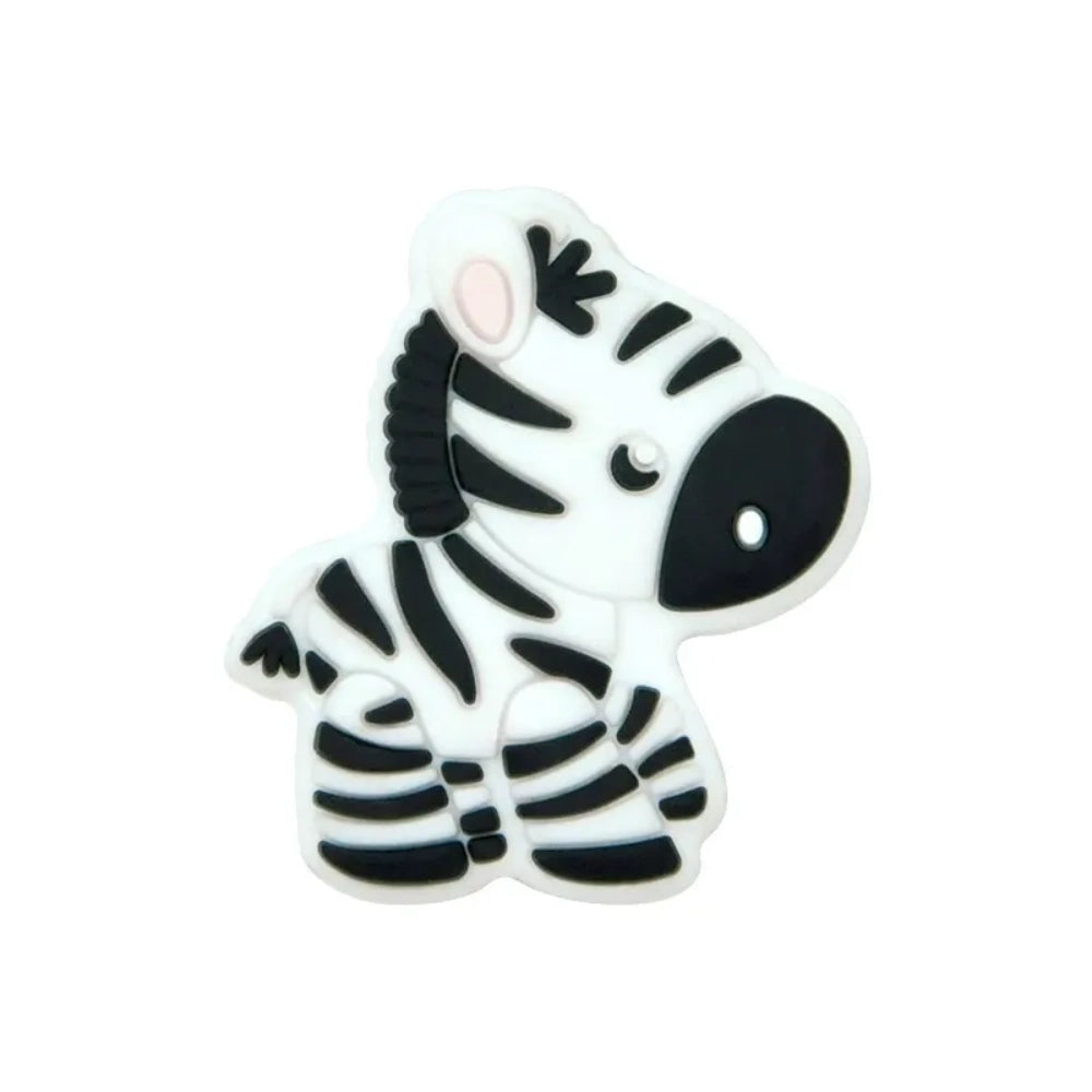 Eight cartoon zebra silicone focal beads in assorted colors including white, cream, yellow, light gray, pink, mint, and blue-gray with black stripe detailing, displayed on white background. - 3