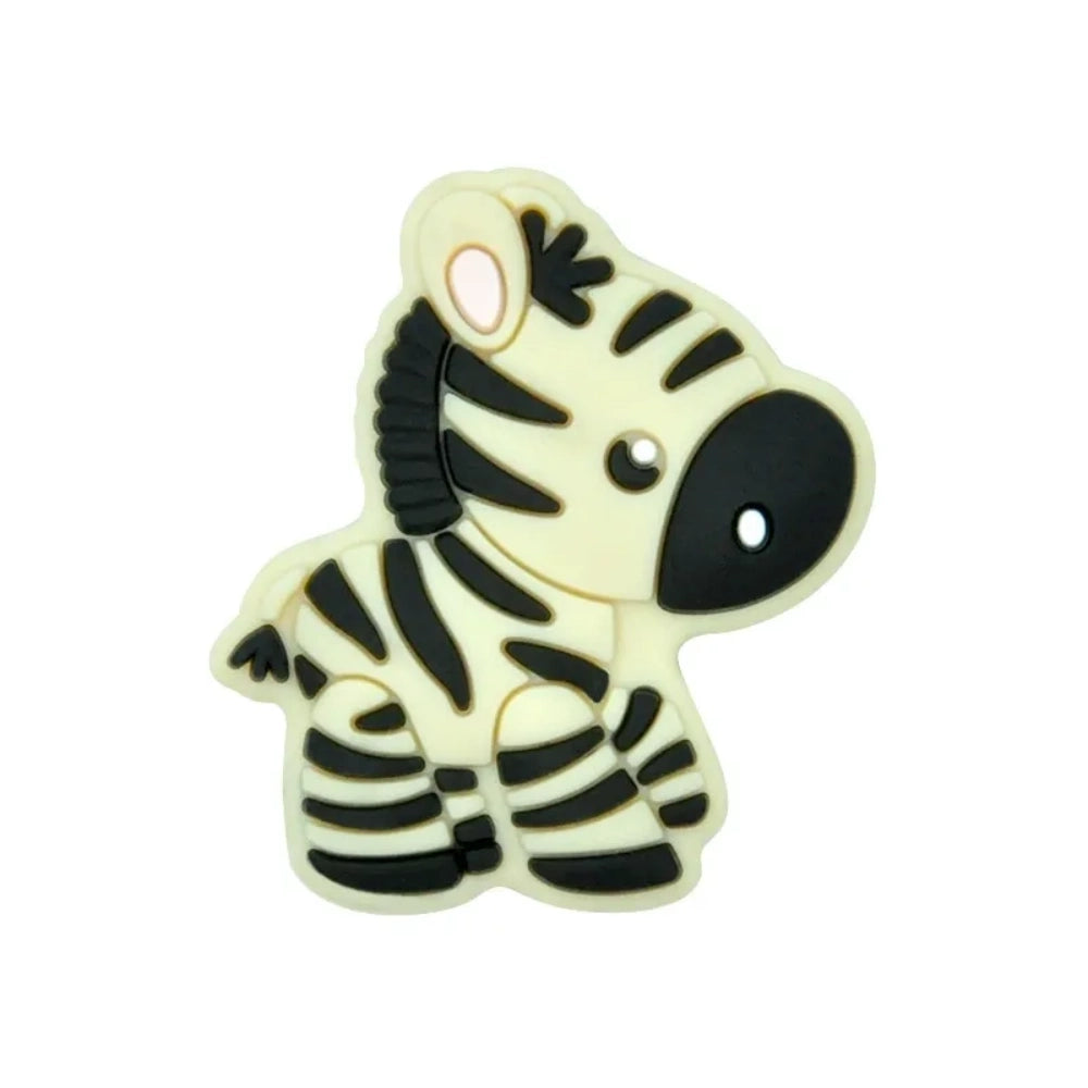 Eight cartoon zebra silicone focal beads in assorted colors including white, cream, yellow, light gray, pink, mint, and blue-gray with black stripe detailing, displayed on white background. - 4