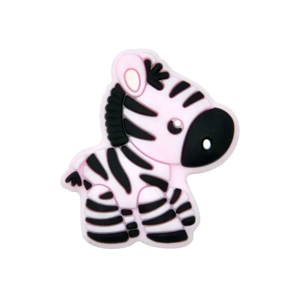 Eight cartoon zebra silicone focal beads in assorted colors including white, cream, yellow, light gray, pink, mint, and blue-gray with black stripe detailing, displayed on white background. - 5
