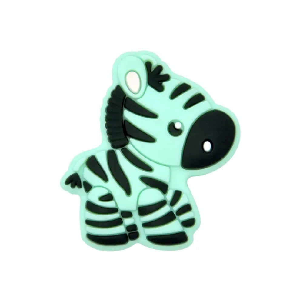 Eight cartoon zebra silicone focal beads in assorted colors including white, cream, yellow, light gray, pink, mint, and blue-gray with black stripe detailing, displayed on white background. - 6