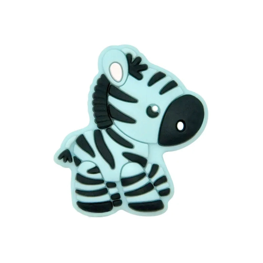 Eight cartoon zebra silicone focal beads in assorted colors including white, cream, yellow, light gray, pink, mint, and blue-gray with black stripe detailing, displayed on white background. - 8